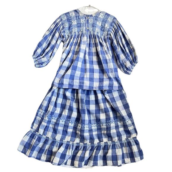 Womens Vintage Skirt Set 90s Blue Plaid Blouse Blue Embroidered - Picture 1 of 16